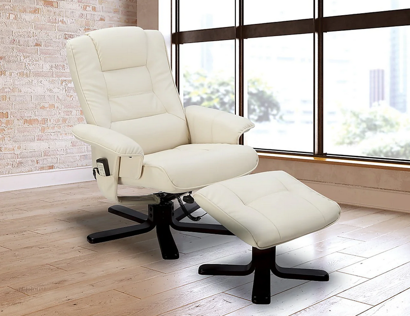 Massage Chair PU Leather Lounge Recliner Ottoman with Remote - Cream