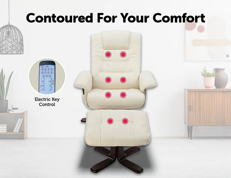 Massage Chair PU Leather Lounge Recliner Ottoman with Remote - Cream