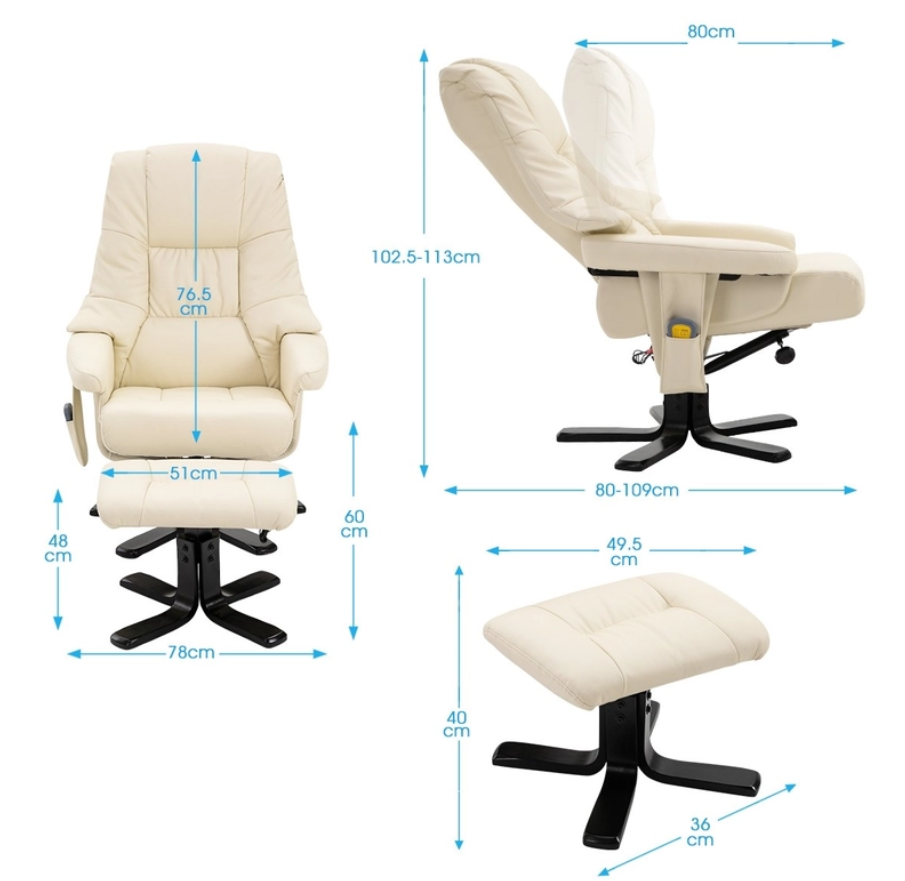 Massage Chair PU Leather Lounge Recliner Ottoman with Remote - Cream