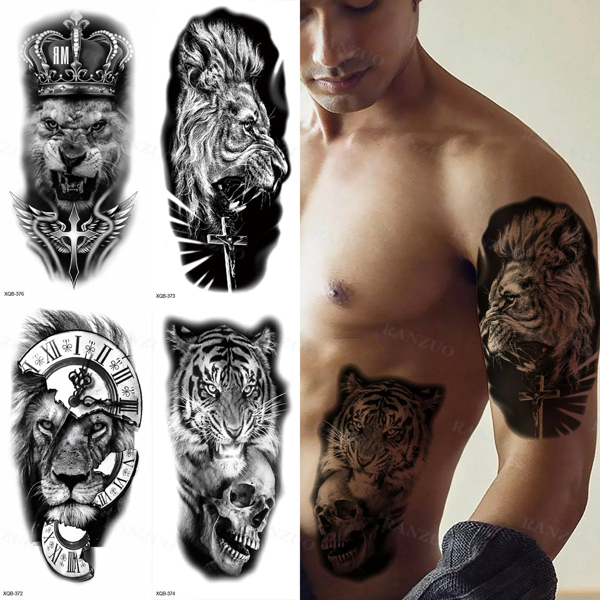 TempTattz Waterproof Tattoos - Tiger Lion Wolf Rose - 114 x 210mm -⭐⭐⭐⭐⭐