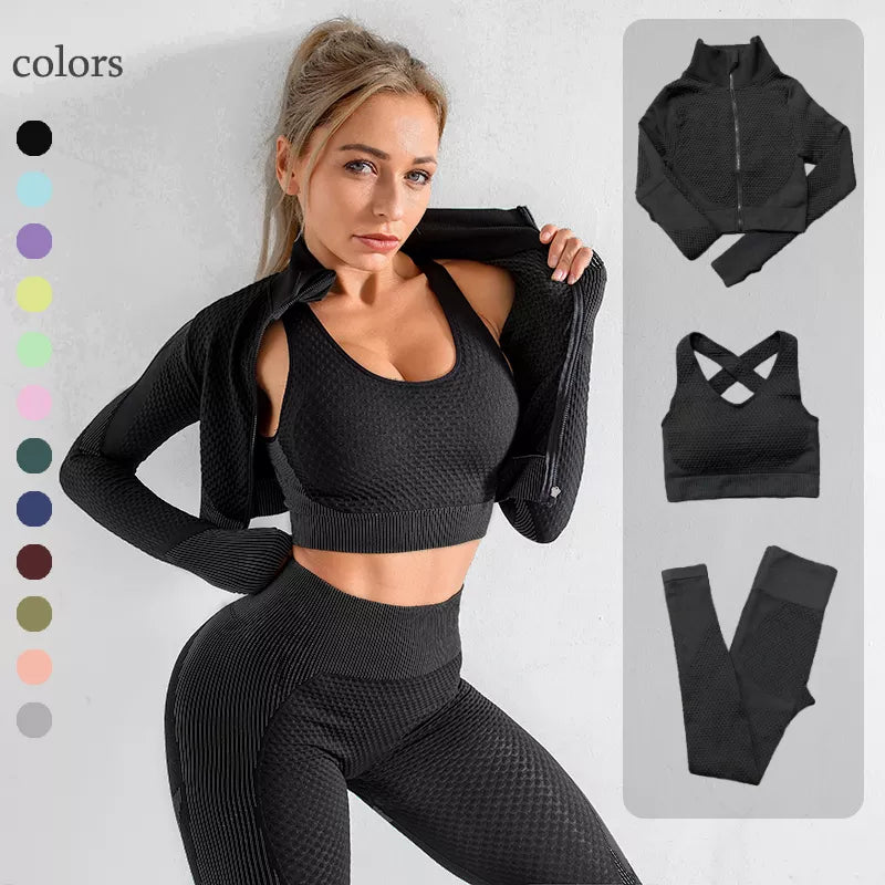 Premium 2/3PCS Seamless Yoga Gym Set for Women - High-Performance Sportswear with Long Sleeve Crop Top and High Waist Leggings