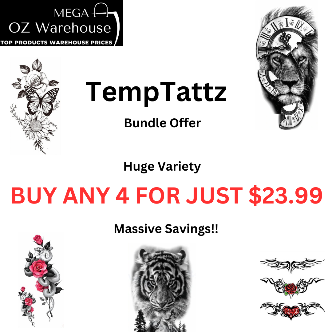 TempTattz Waterproof Tattoos -  Tiger Skull Lion Wolf Rose  -114 x 210mm - ⭐⭐⭐⭐⭐