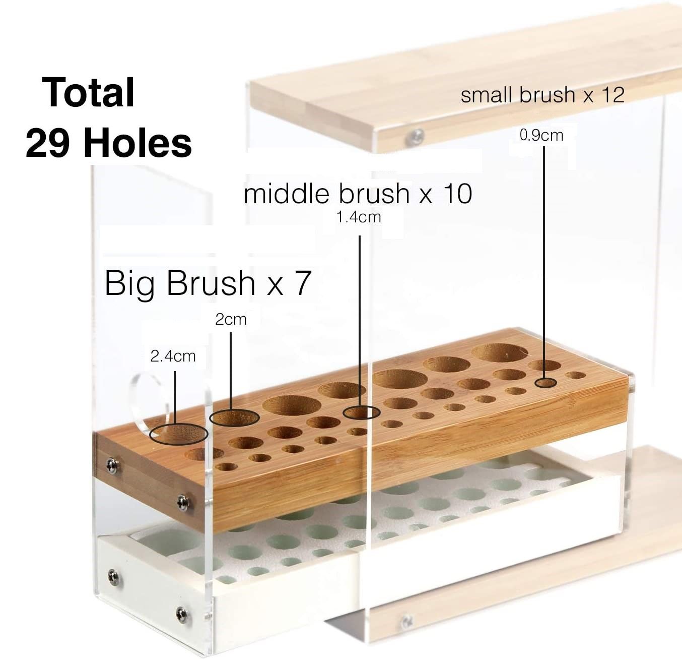 31 Holes Acrylic Bamboo Brush Holder Organiser Beauty Cosmetic Display Stand with Leather Drawer White (22.3 x 8.6 x 21.5 cm)