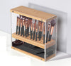 31 Holes Acrylic Bamboo Brush Holder Organiser Beauty Cosmetic Display Stand with Leather Drawer Black (22.3 x 8.6 x 21.5 cm)