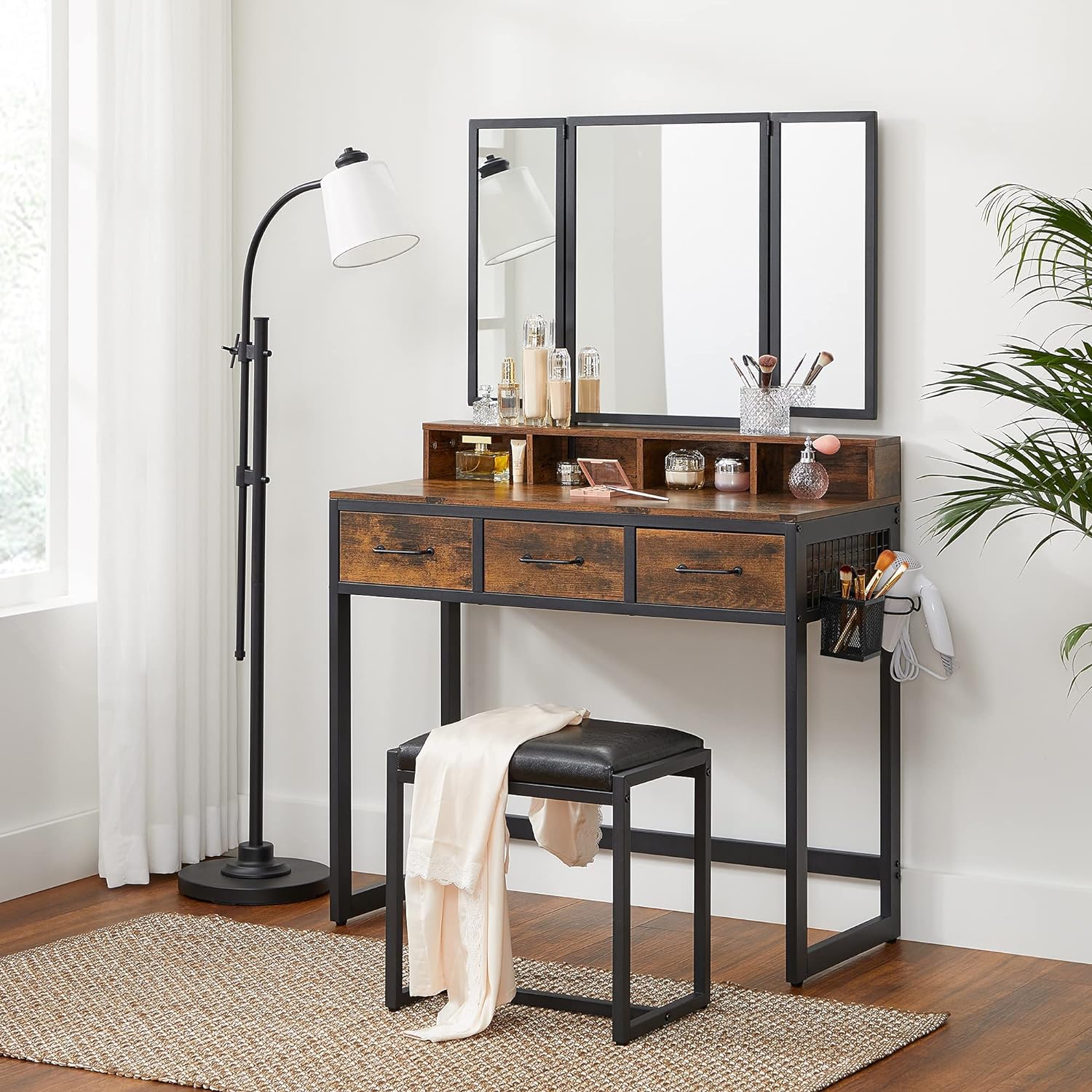 VASAGLE Dresser Table with Trifold Mirror Rustic Brown and Black