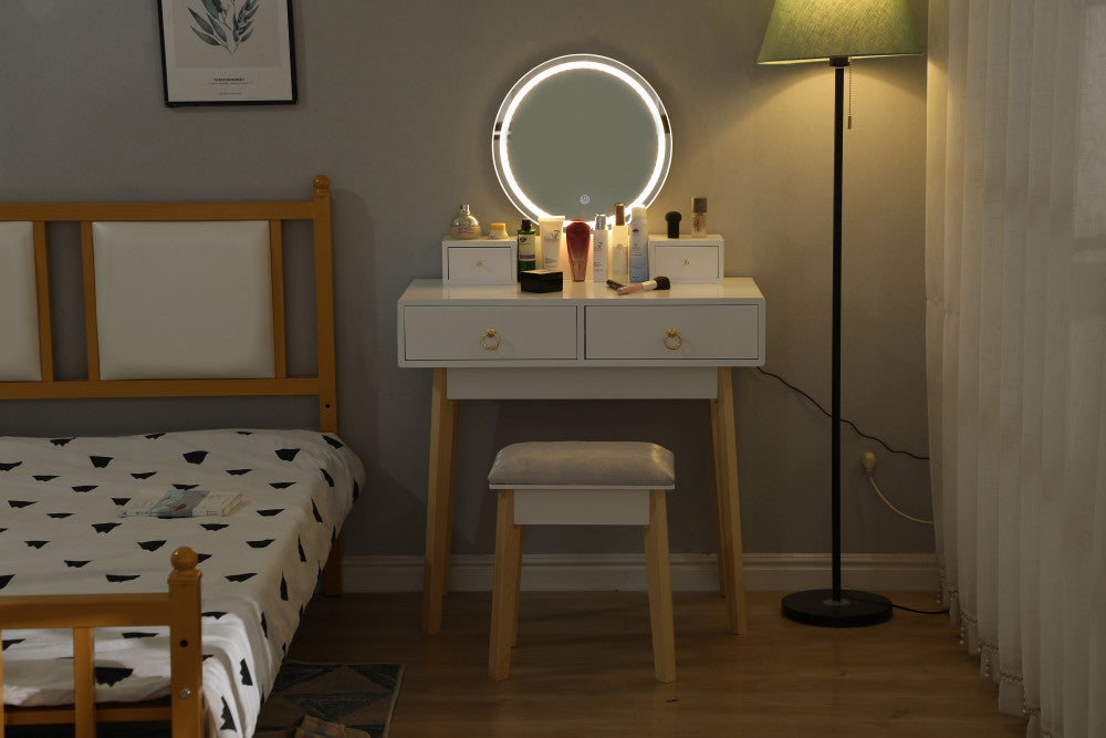 Dressing Vanity Table Stool Set with Make-up LED Lighted Mirror-White