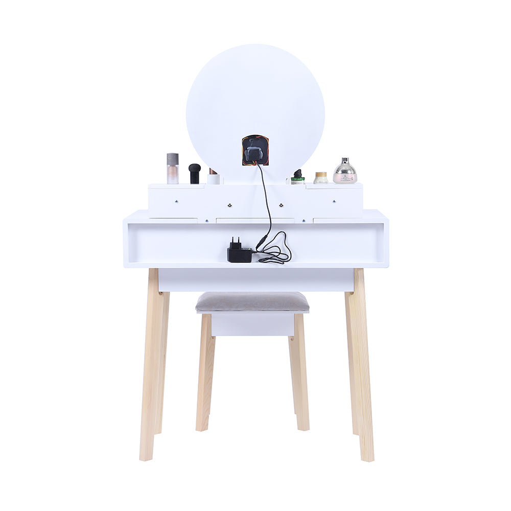 Dressing Vanity Table Stool Set with Make-up LED Lighted Mirror-White