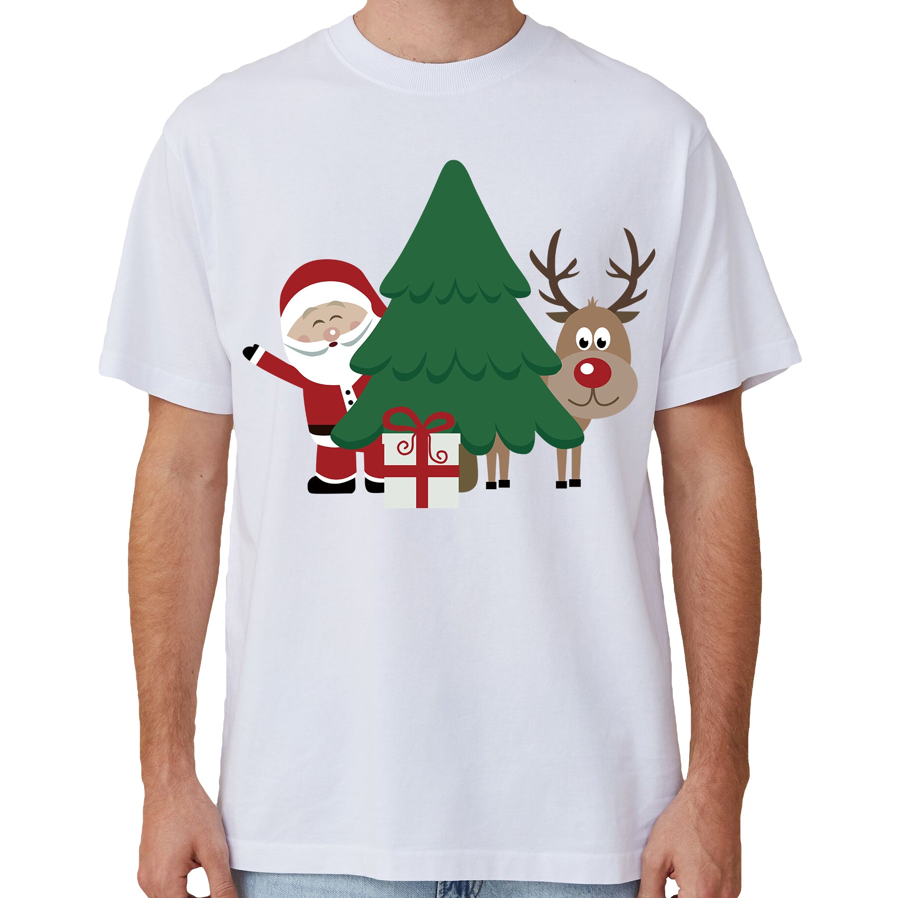 100% Cotton Christmas T-shirt Adult Unisex Tee Tops Funny Santa Party Custume, Santa with Tree (White), L