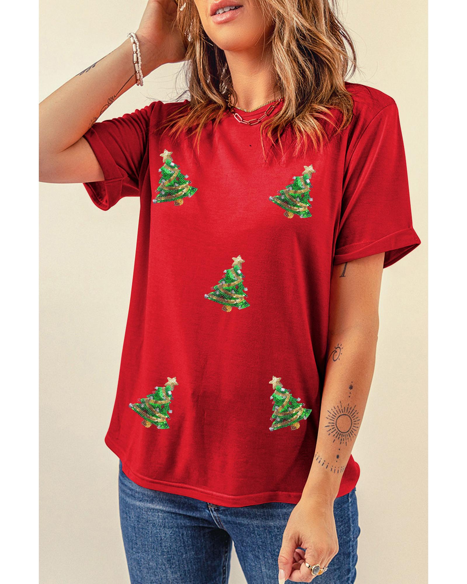 Red Sequined Christmas Tree Graphic Crewneck T Shirt - M