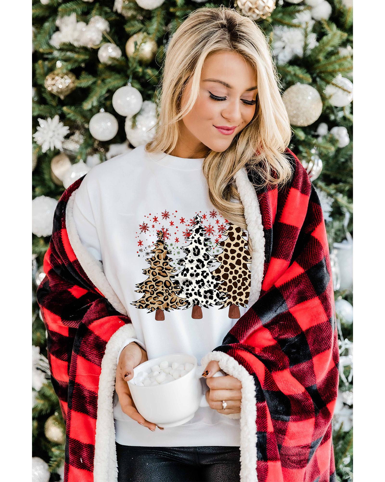 White Leopard Christmas Tree Graphic Crewneck Tee - 2XL