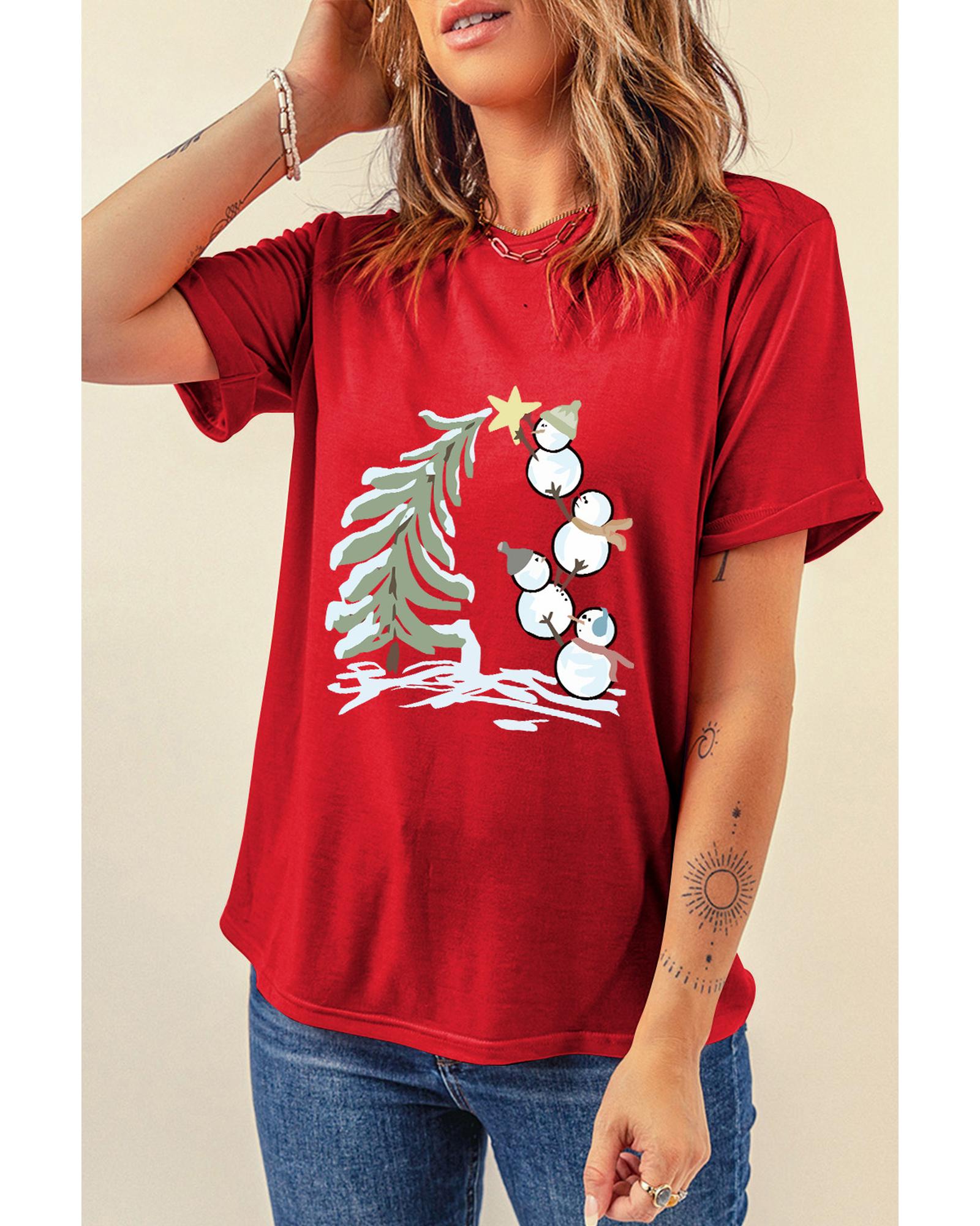 Red Christmas Tree Snowman Printed Crewneck T Shirt - 2XL