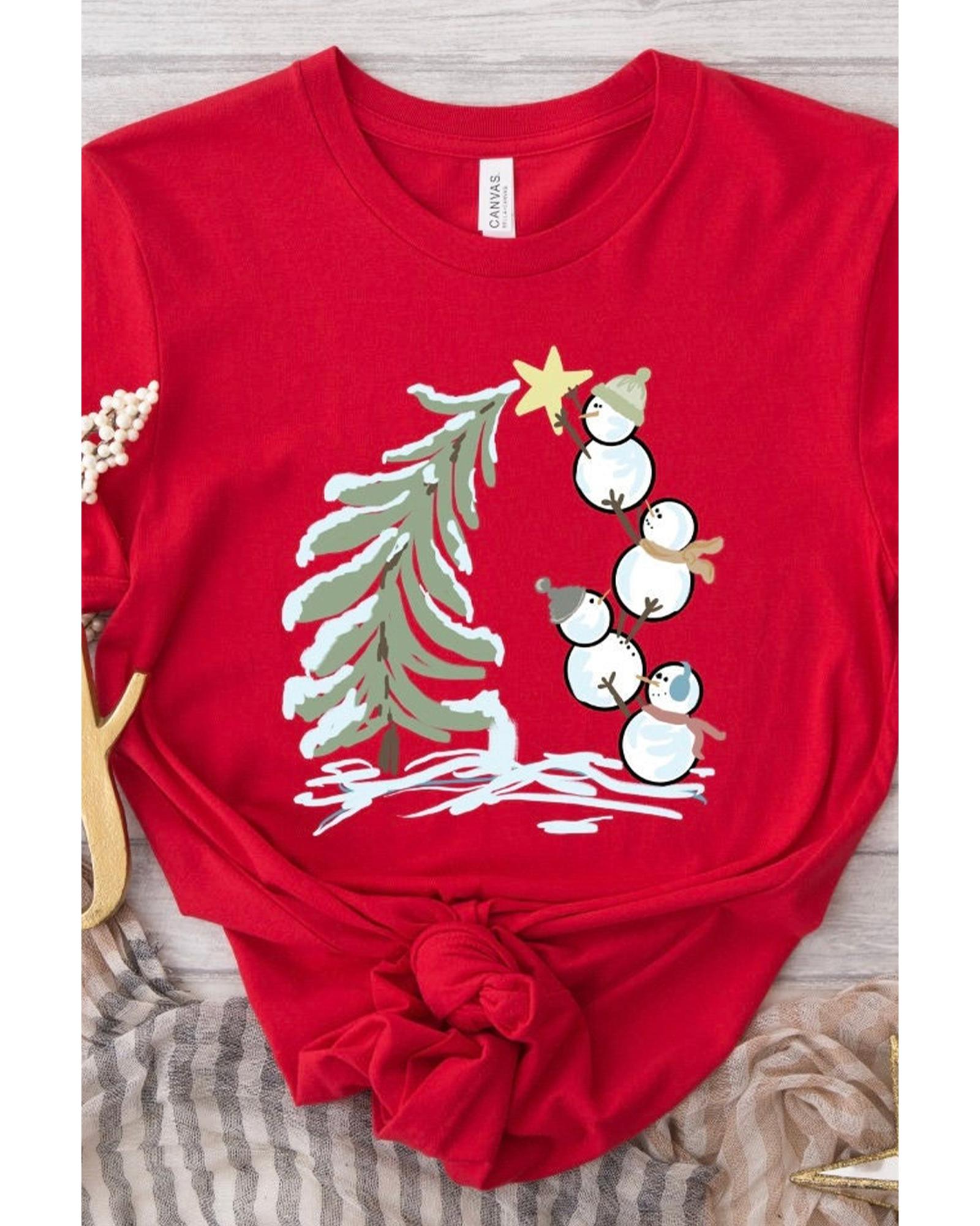 Red Christmas Tree Snowman Printed Crewneck T Shirt - M