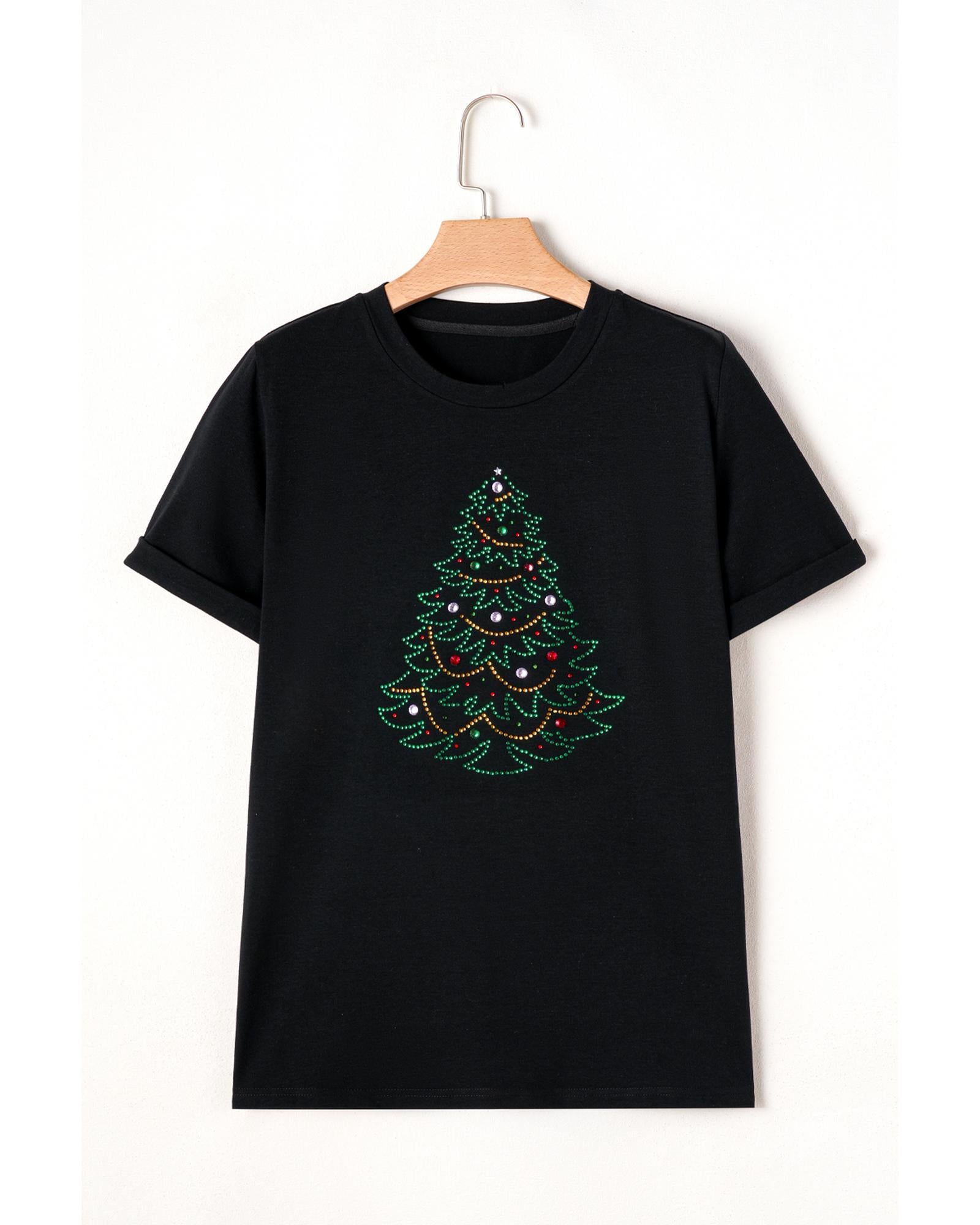 Black Rhinestone Christmas Tree Round Neck Graphic Tee - 2XL