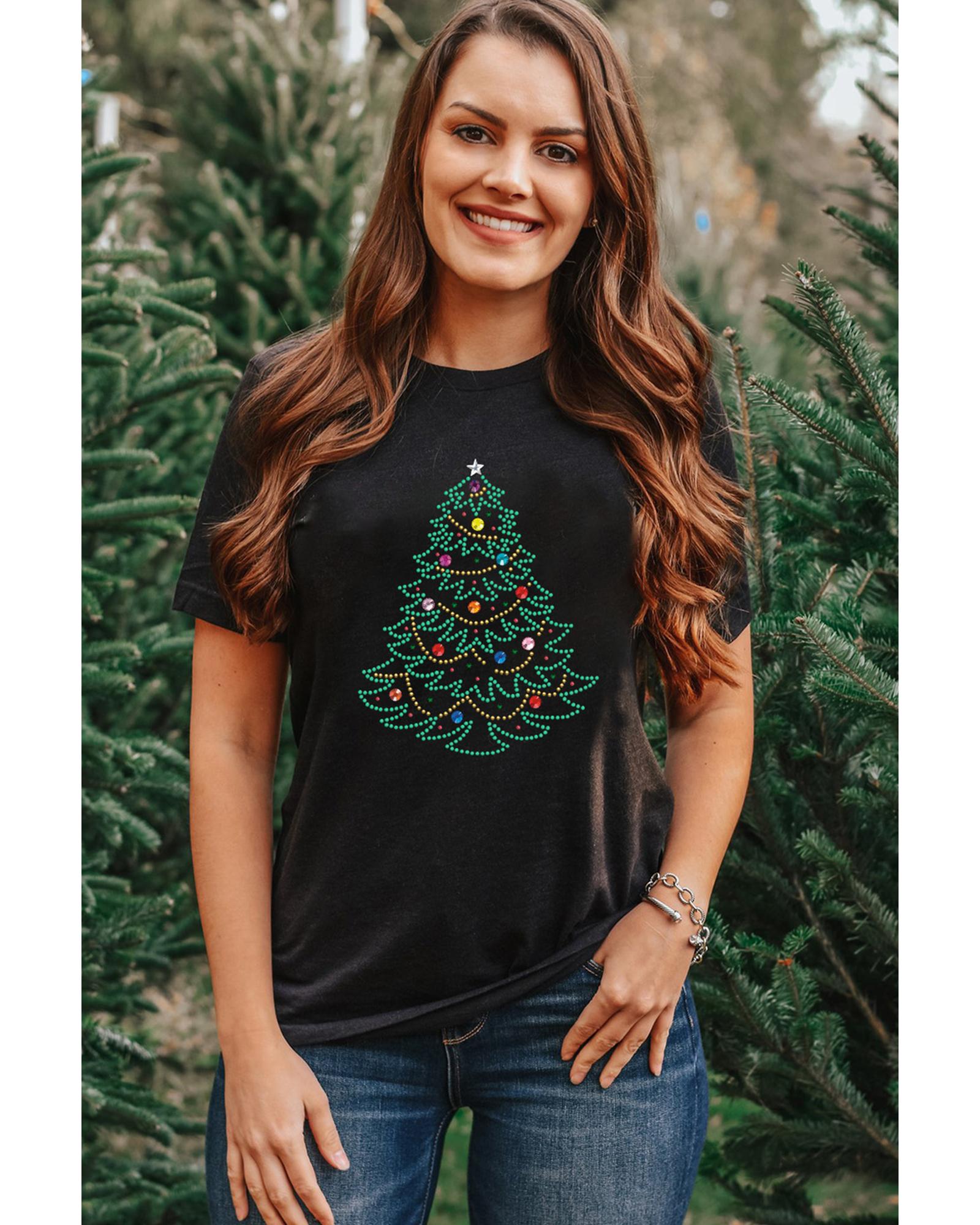Black Rhinestone Christmas Tree Round Neck Graphic Tee - 2XL