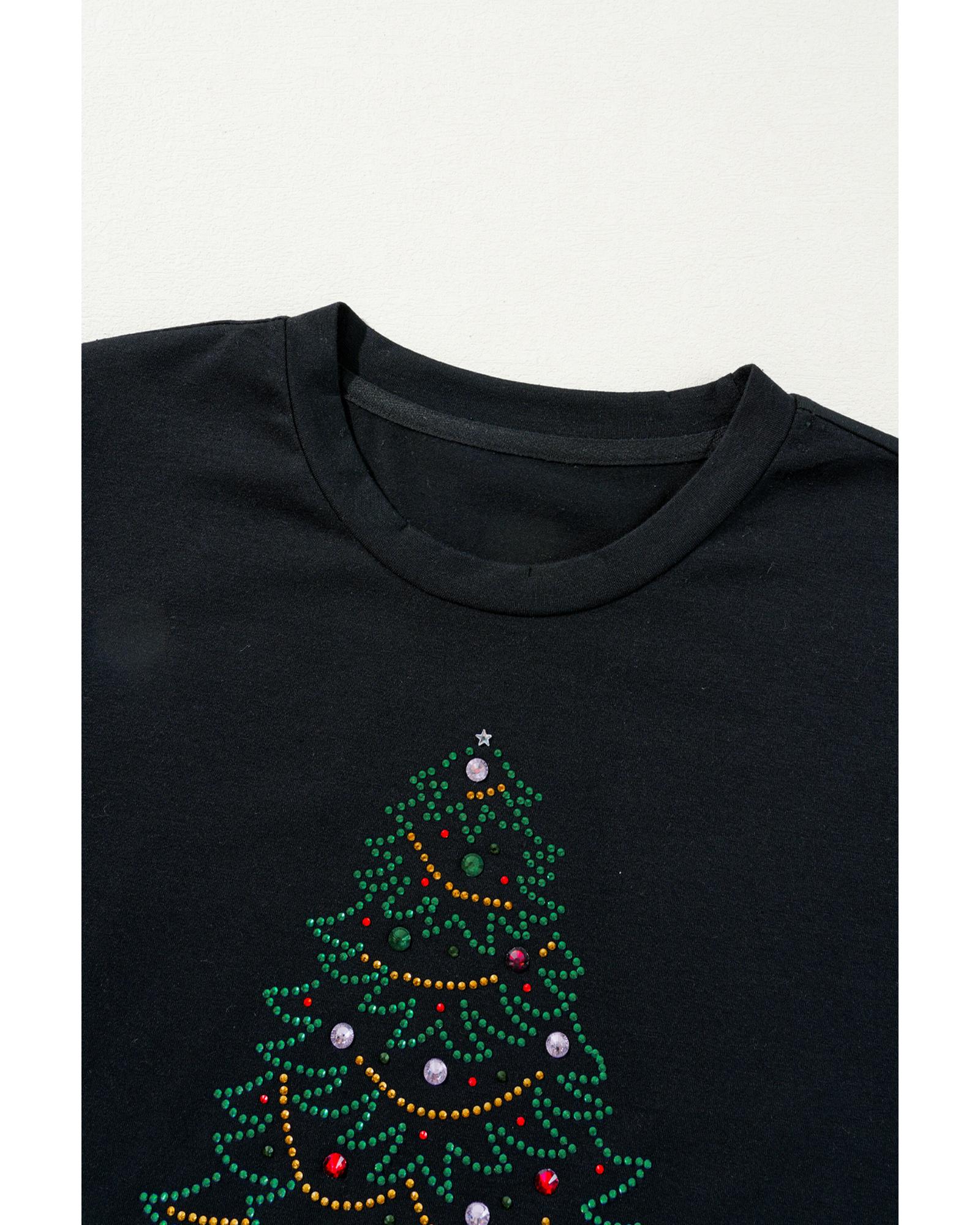 Black Rhinestone Christmas Tree Round Neck Graphic Tee - XL