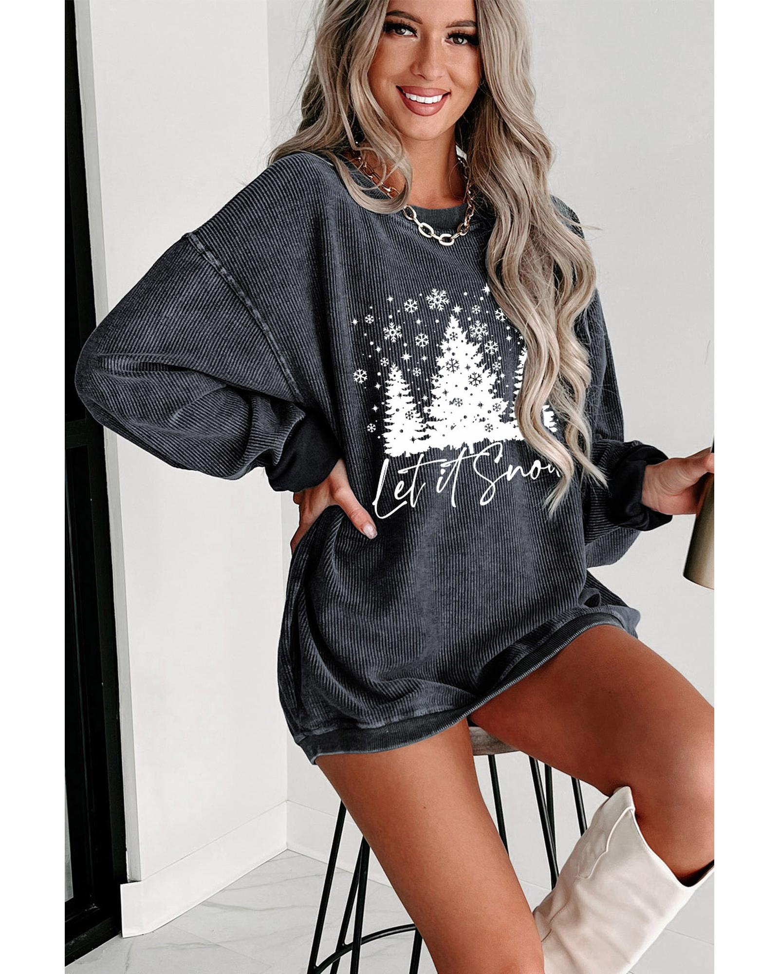 Gray Christmas Tree Flake Graphic Corded Sweatshirt - L