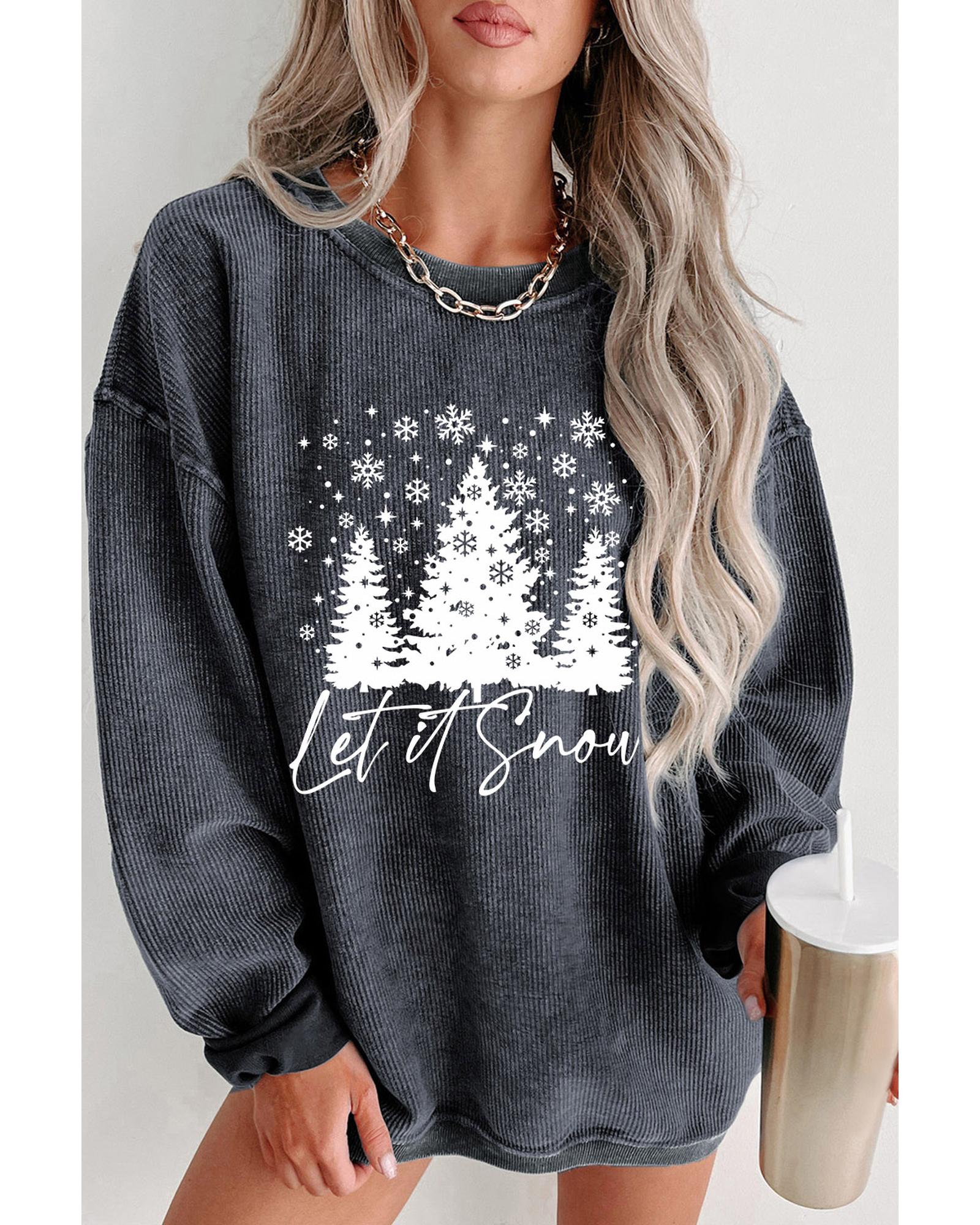 Gray Christmas Tree Flake Graphic Corded Sweatshirt - L