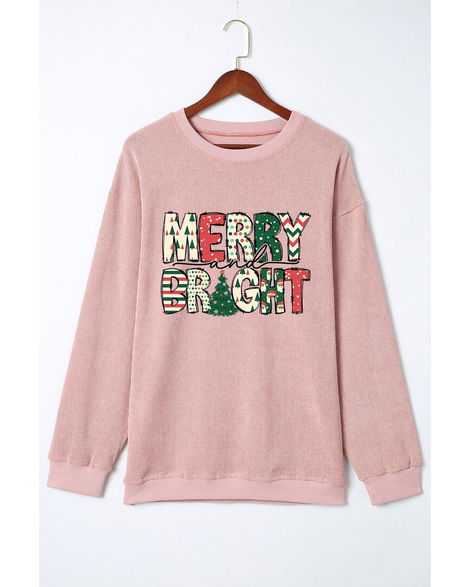 Pink MERRY and BRIGHT Christmas Tree Print Ribbed Sweatshirt - L
