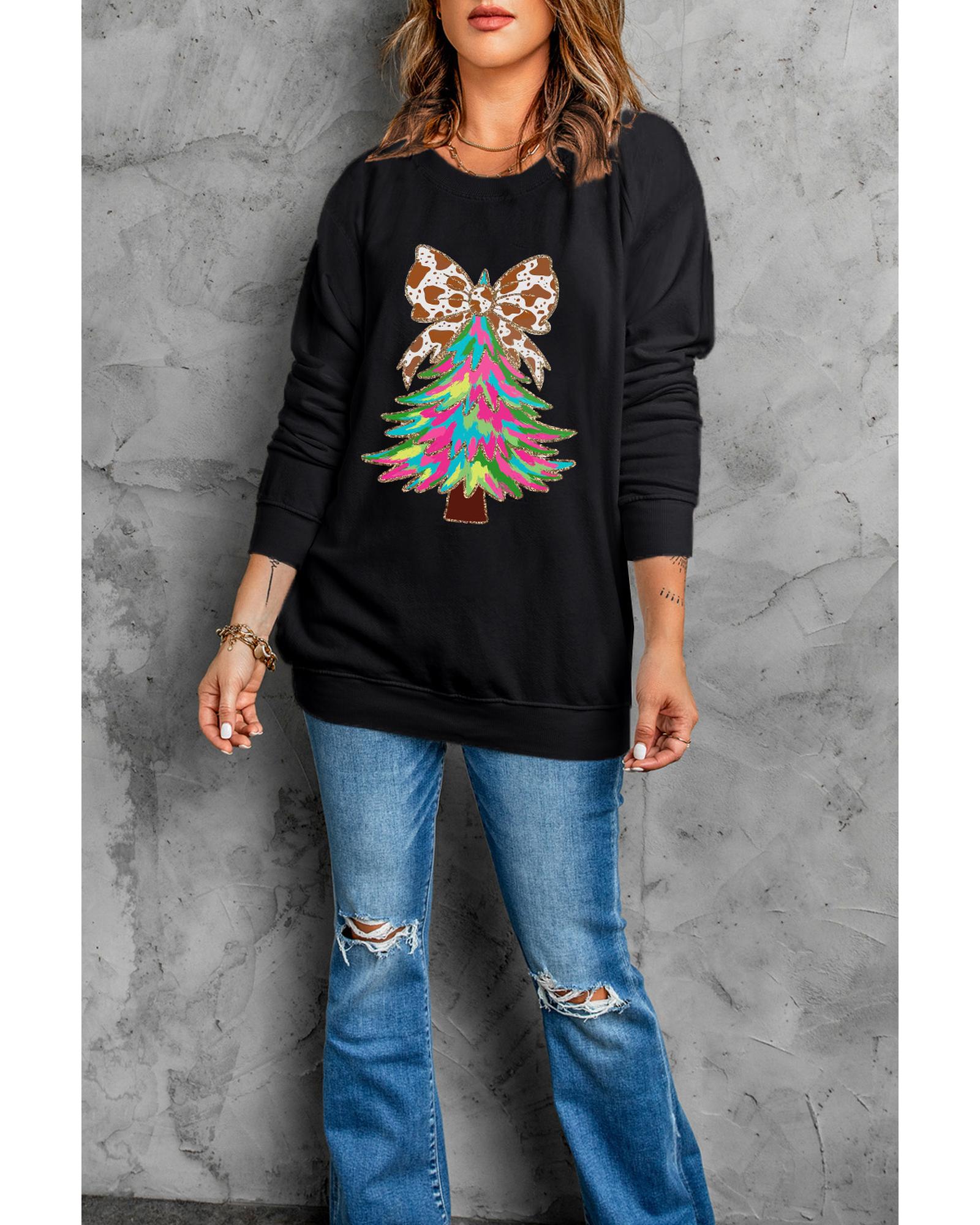 Black Bowknot Christmas Tree Shiny Graphic Sweatshirt - L