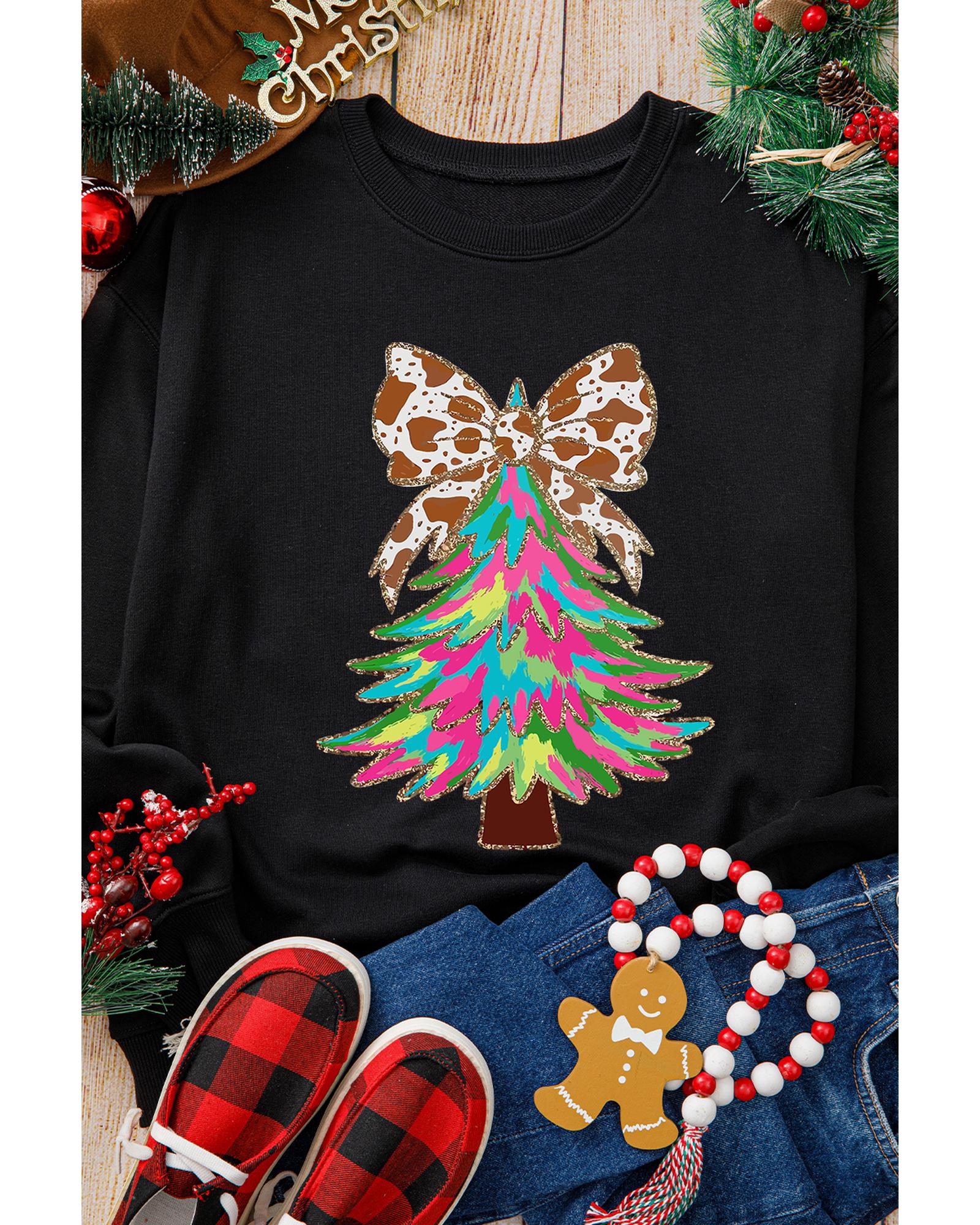 Black Bowknot Christmas Tree Shiny Graphic Sweatshirt - L