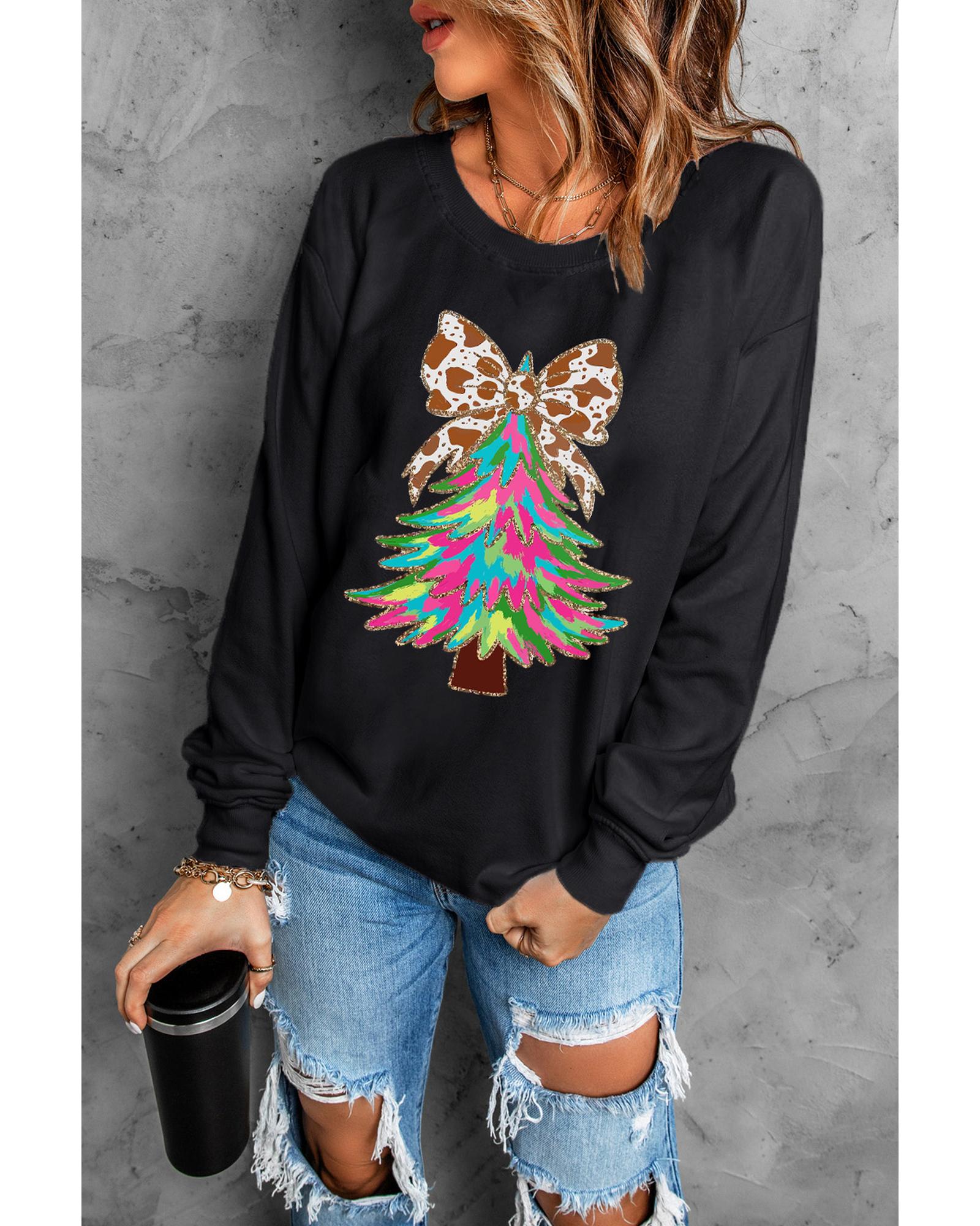Black Bowknot Christmas Tree Shiny Graphic Sweatshirt - XL