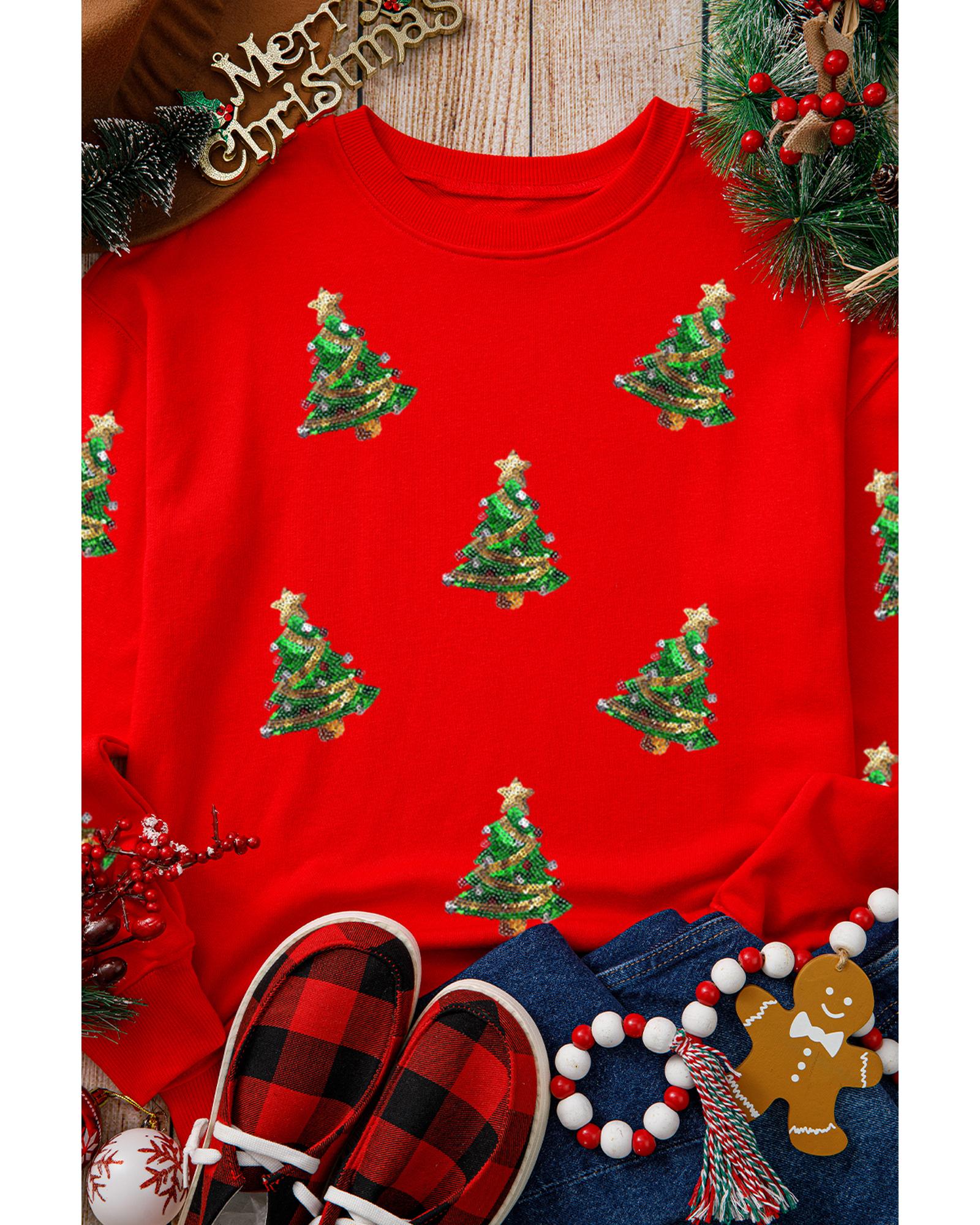 Red Sequin Christmas Tree Graphic Drop Shoulder Sweatshirt - M