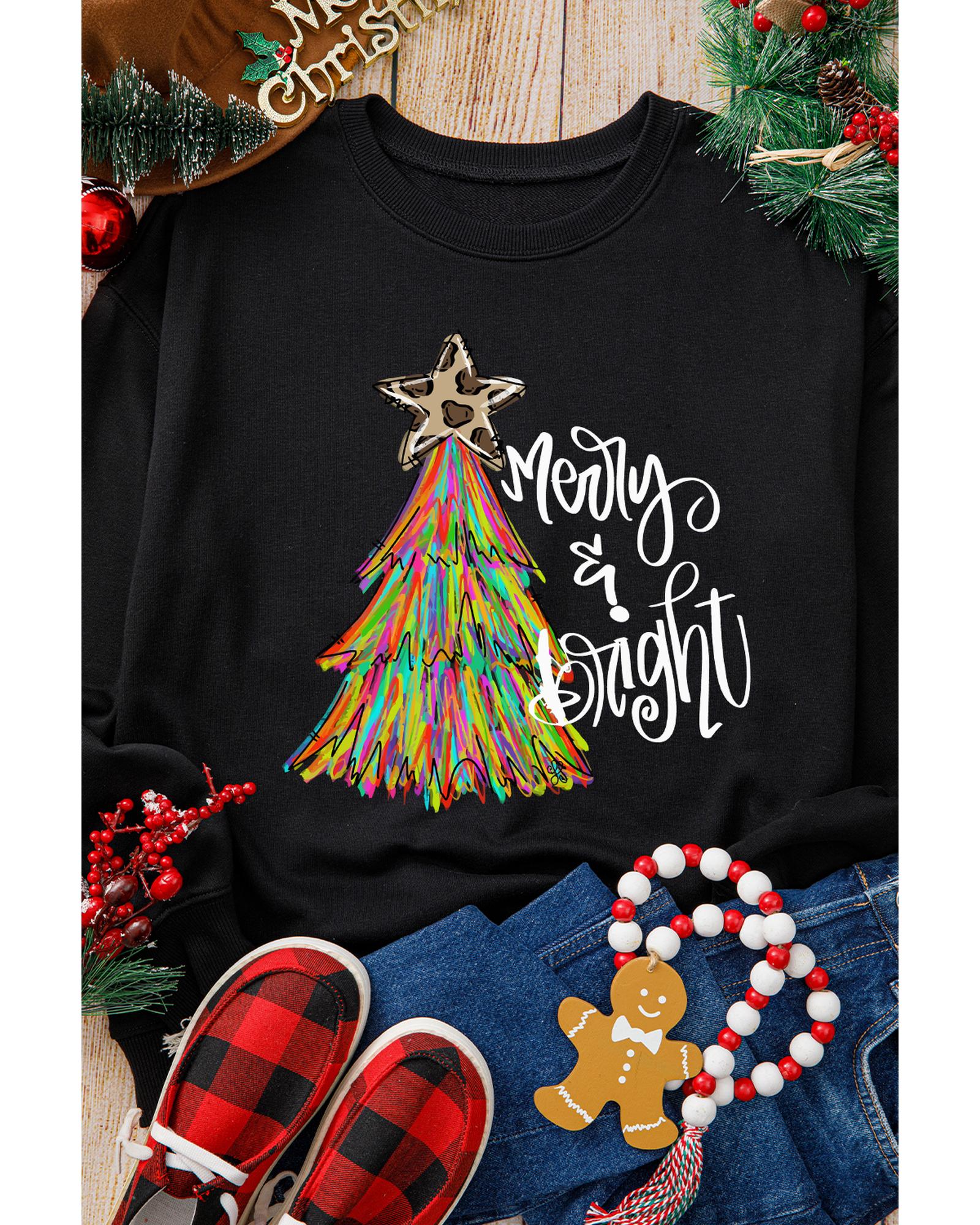 Black Merry & Bright Christmas Tree Graphic Sweatshirt - S