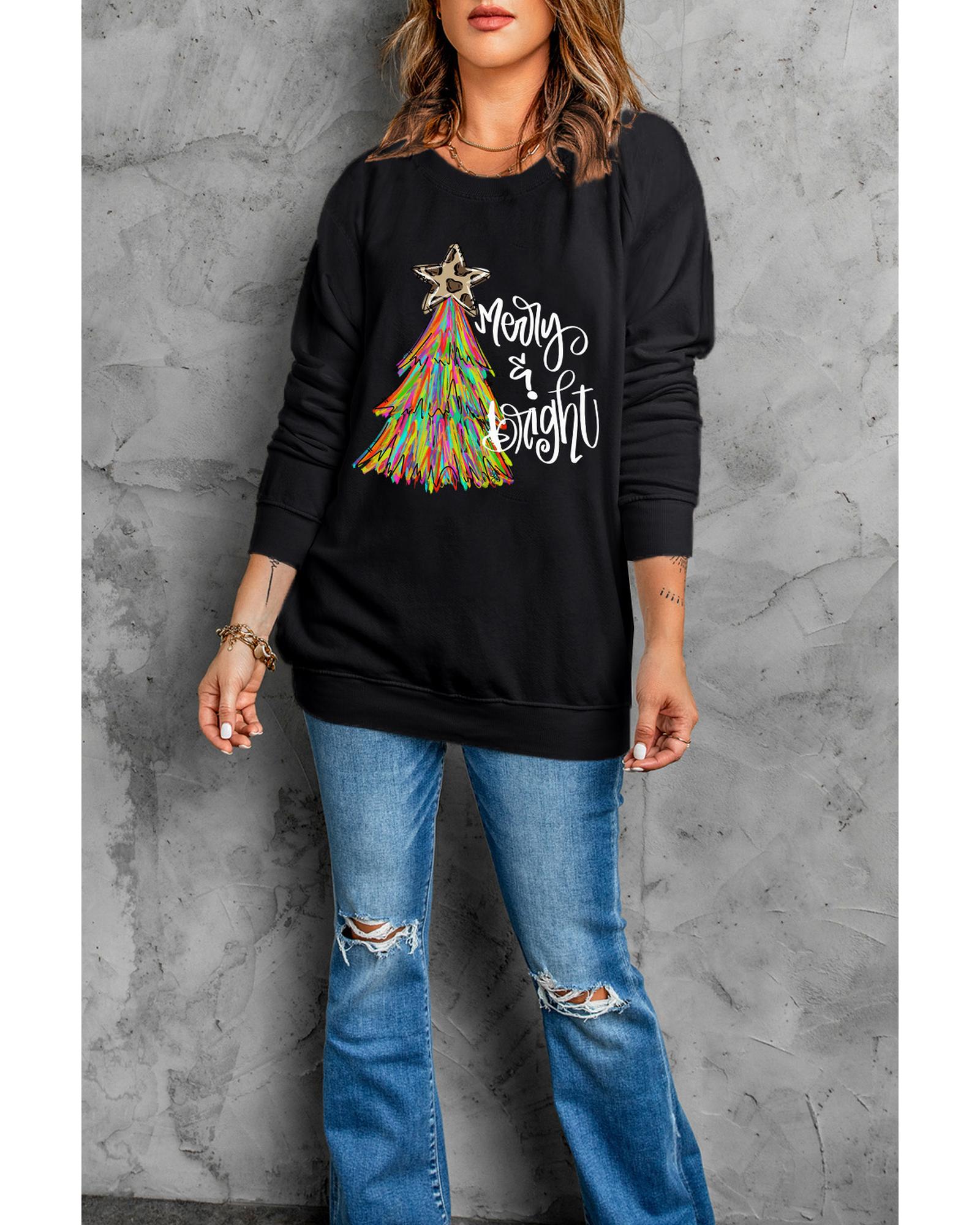 Black Merry & Bright Christmas Tree Graphic Sweatshirt - XL