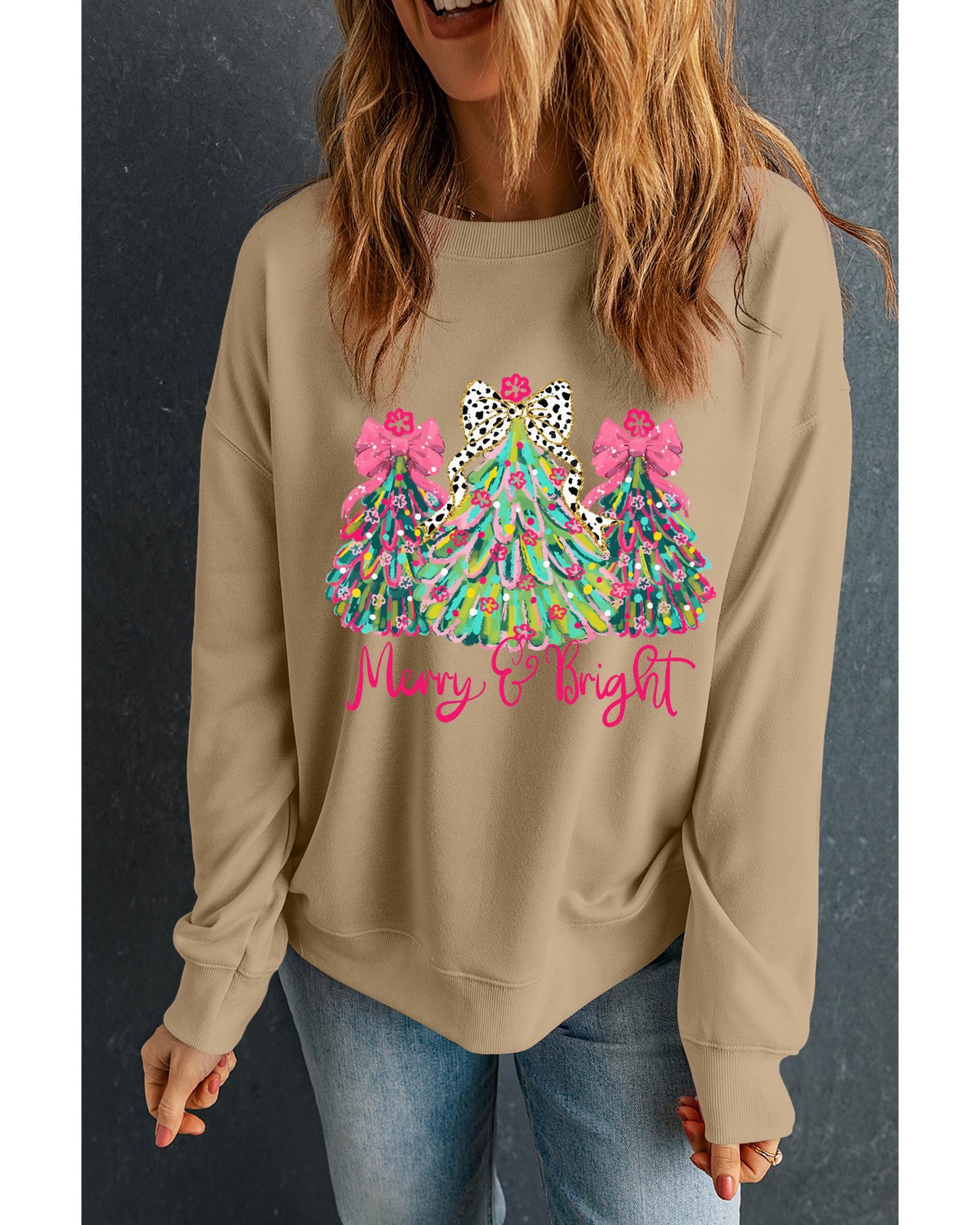 Khaki Merry & Bright Christmas Tree Print Pullover Sweatshirt - 2XL