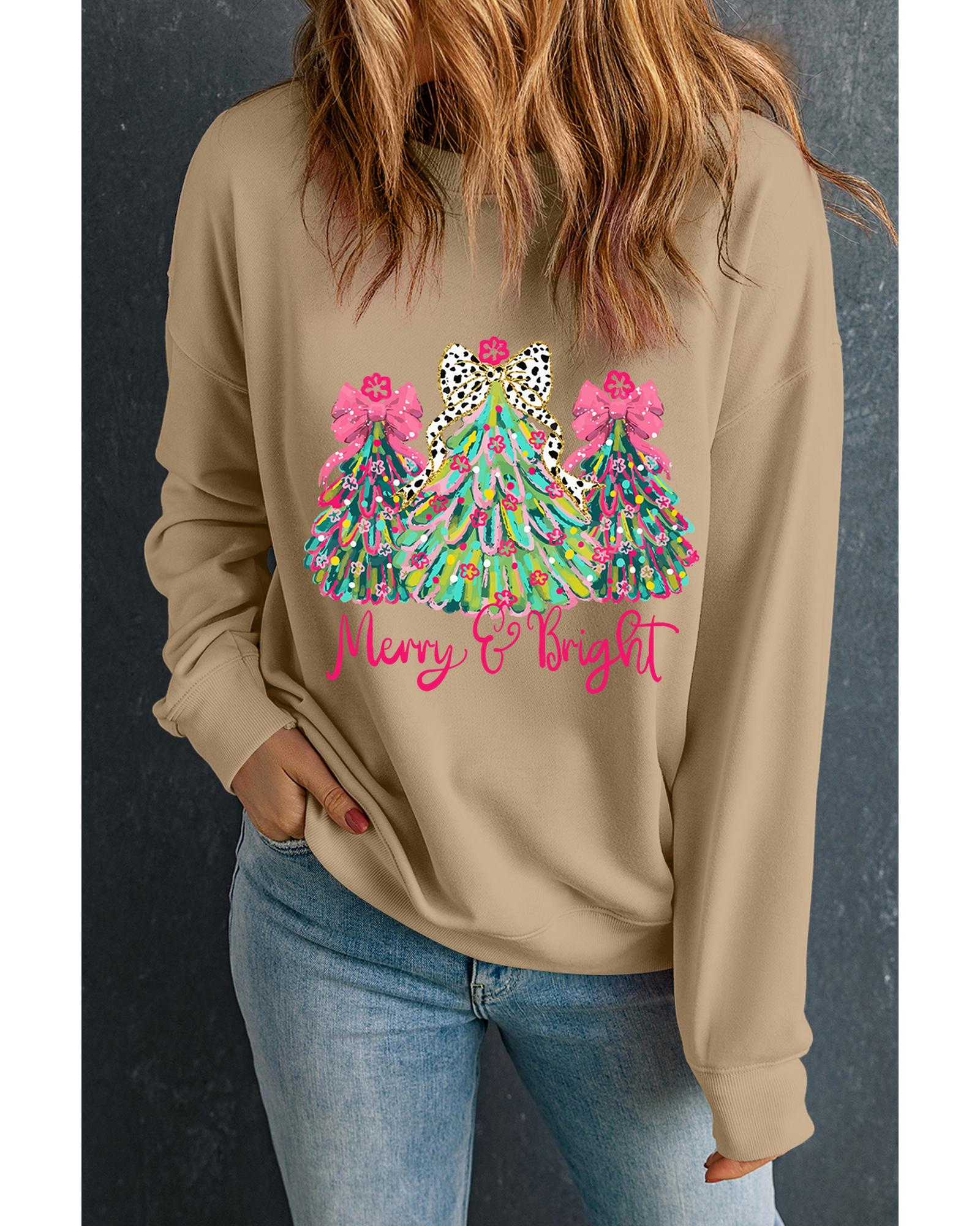 Khaki Merry & Bright Christmas Tree Print Pullover Sweatshirt - M
