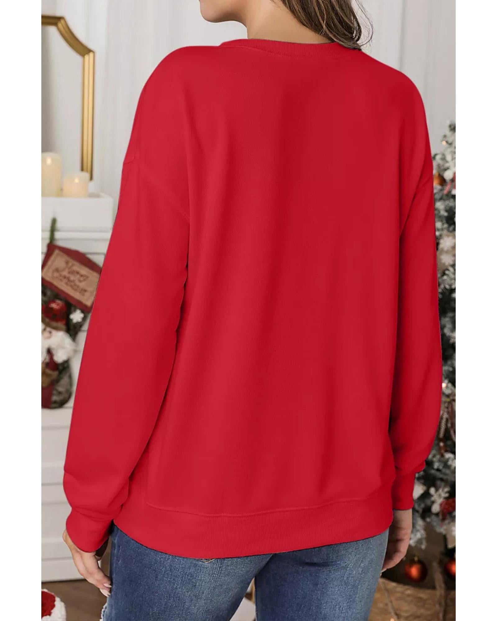Red Playful Christmas Tree Patched Dropped Shoulder Sweatshirt - L