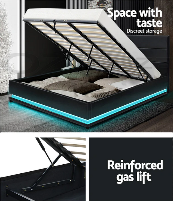 LED Bed  - Gas lift Storage Newyork bed - Black White or Grey