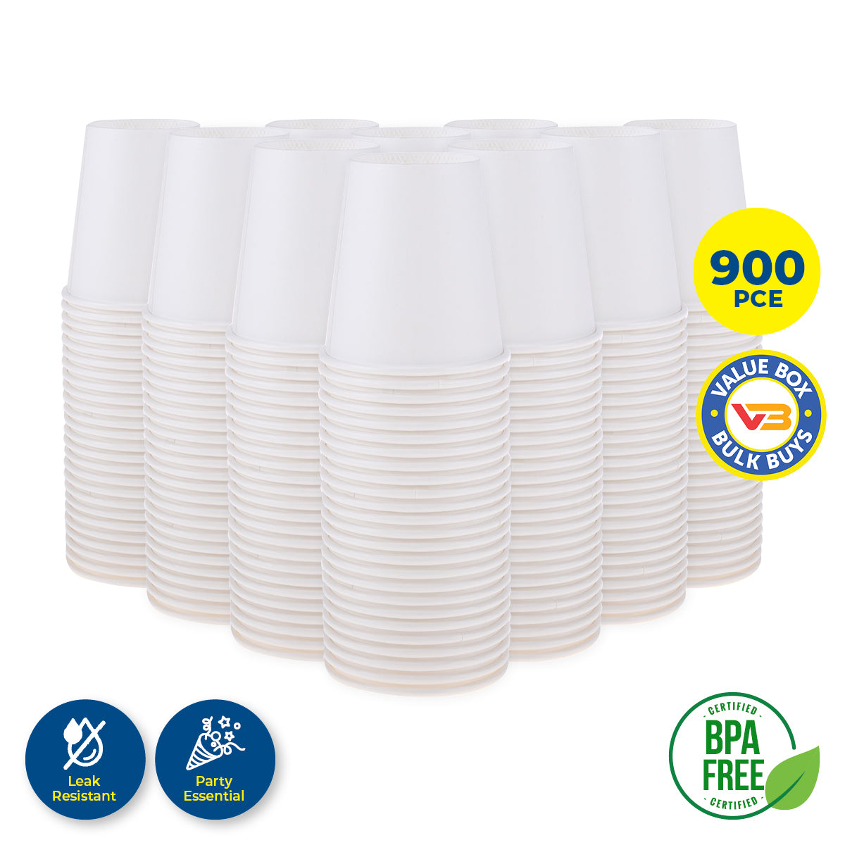 Party Central 900PCE White Paper Cups Disposable Leak Resistant 200ml