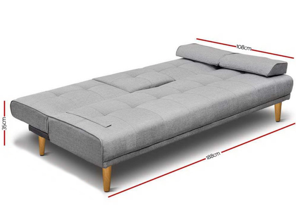 3 Seater Sofa Bed Fabric Lounge Sofa Couch - Grey - 188cm