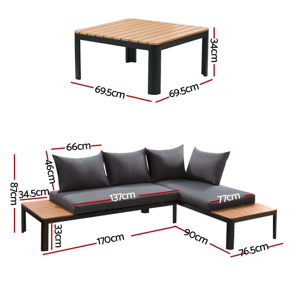 Gardeon Outdoor Sofa Set 4 Seater Corner Modular Lounge Setting Aluminium Black