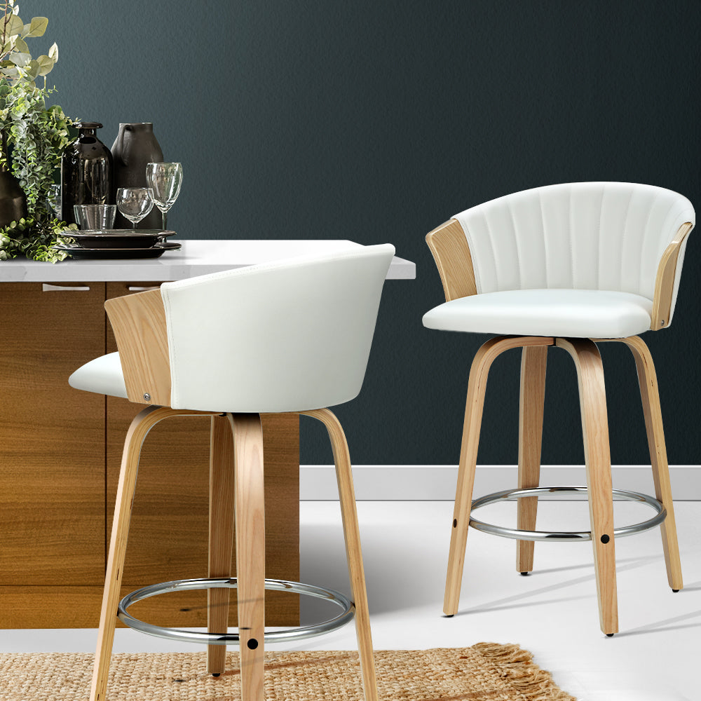 Set of 2 Bar Stools Kitchen Stool Wooden Chair Swivel Chairs Leather White