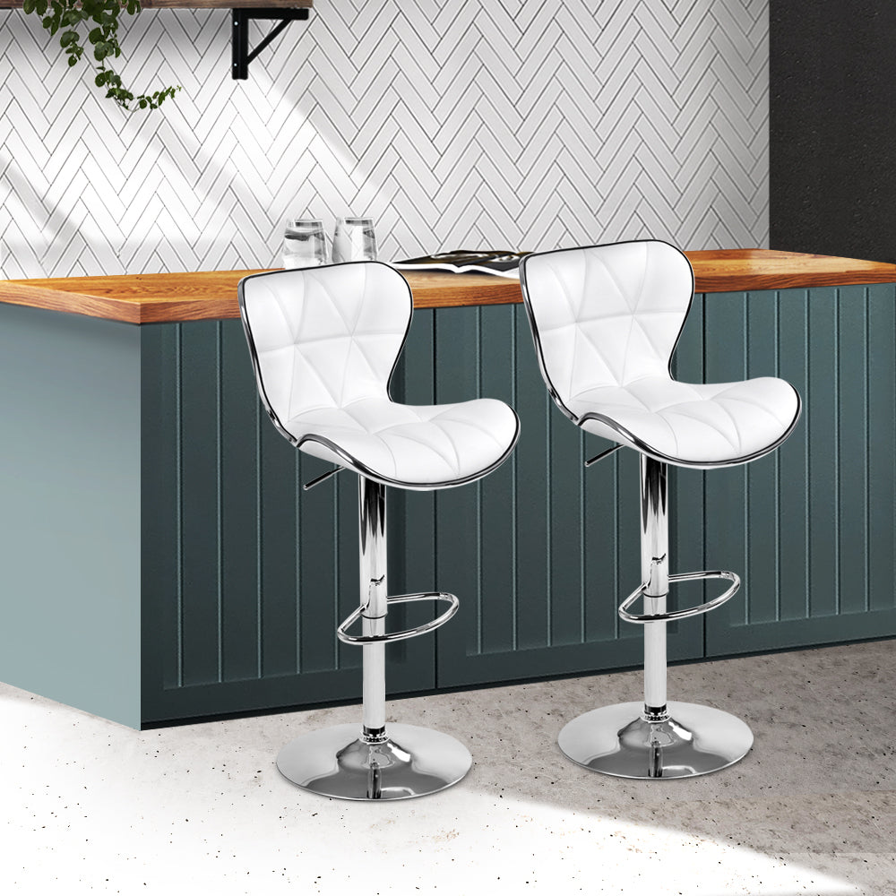 Set of 2 PU Leather Patterned Bar Stools - White and Chrome