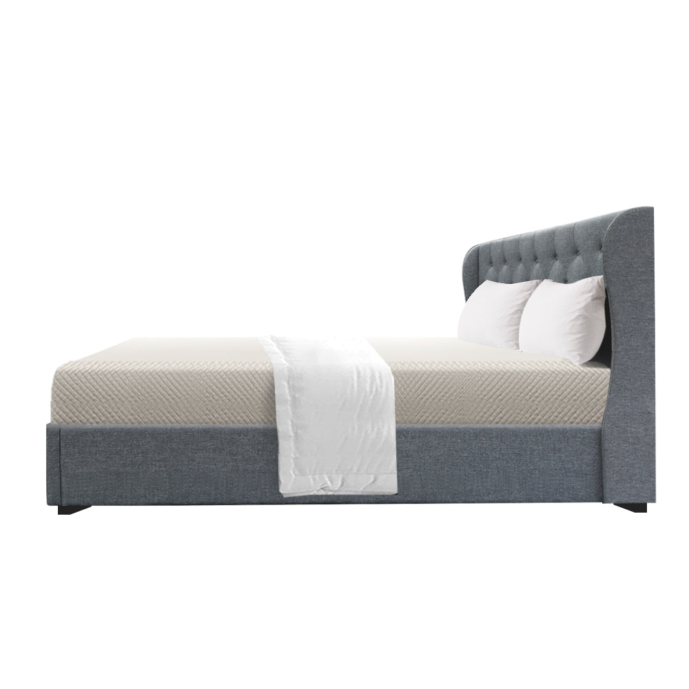 Artiss Issa Bed Frame Fabric Gas Lift Storage - Grey Queen