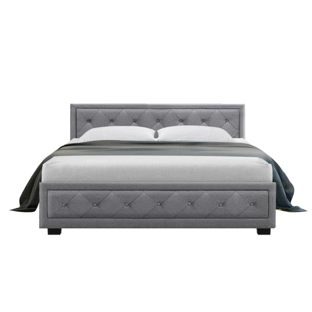 Artiss Tiyo Bed Frame Fabric Gas Lift Storage - Grey Queen