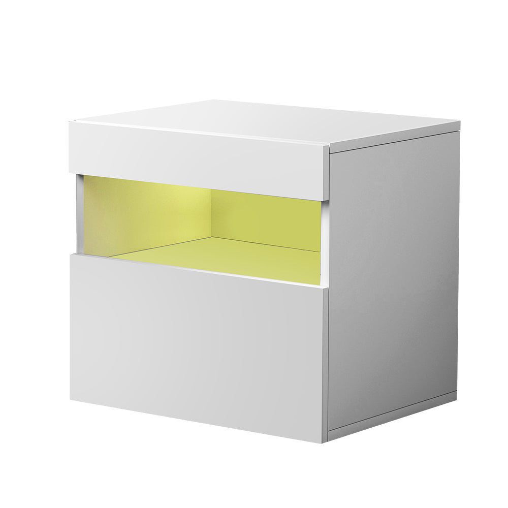 Bedside Tables Drawers Side Table RGB LED High Gloss Nightstand White