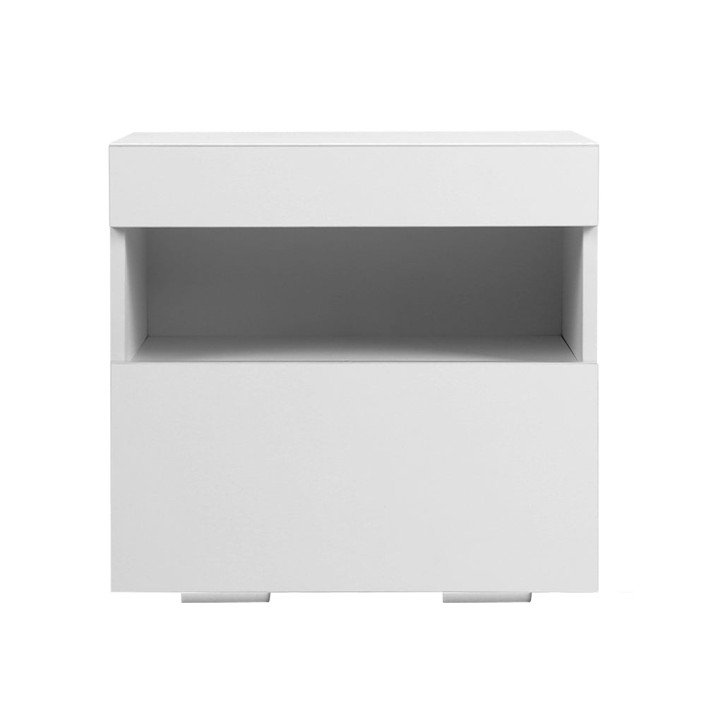 Bedside Tables Drawers Side Table RGB LED High Gloss Nightstand White