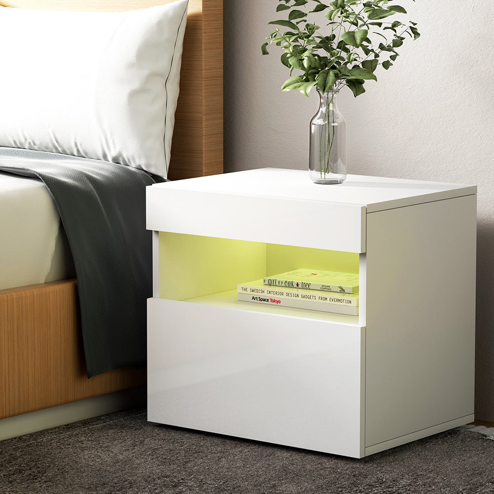 Bedside Tables Drawers Side Table RGB LED High Gloss Nightstand White