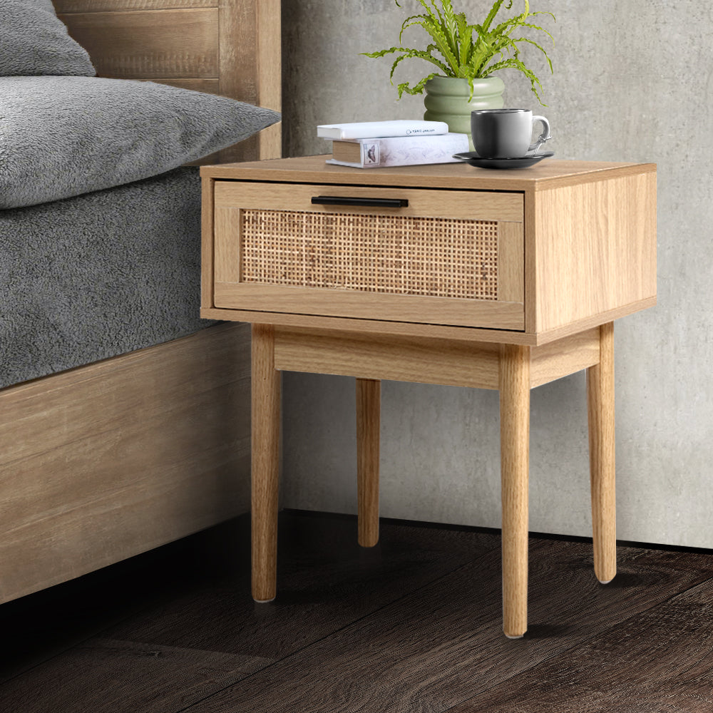 Bedside Tables Table 1 Drawer Storage Cabinet Rattan Wood Nightstand