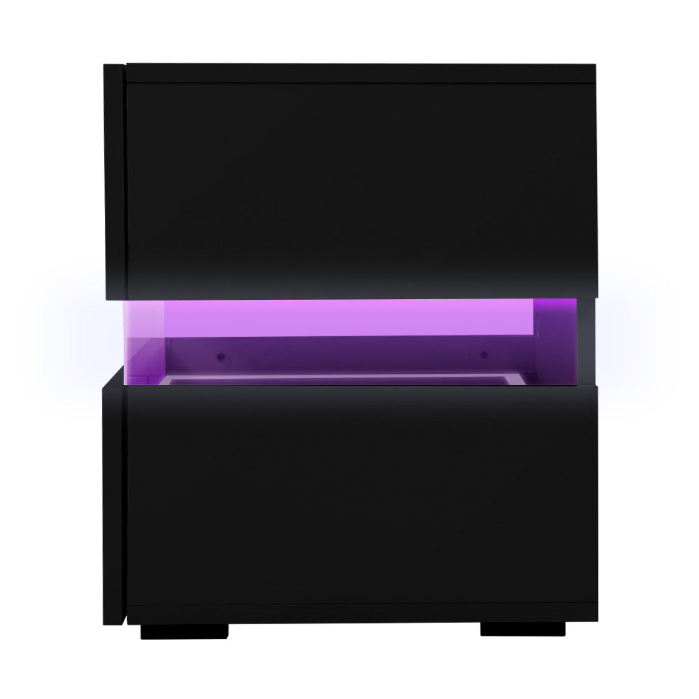 Bedside Table 2 Drawers RGB LED Side Nightstand High Gloss Cabinet Black