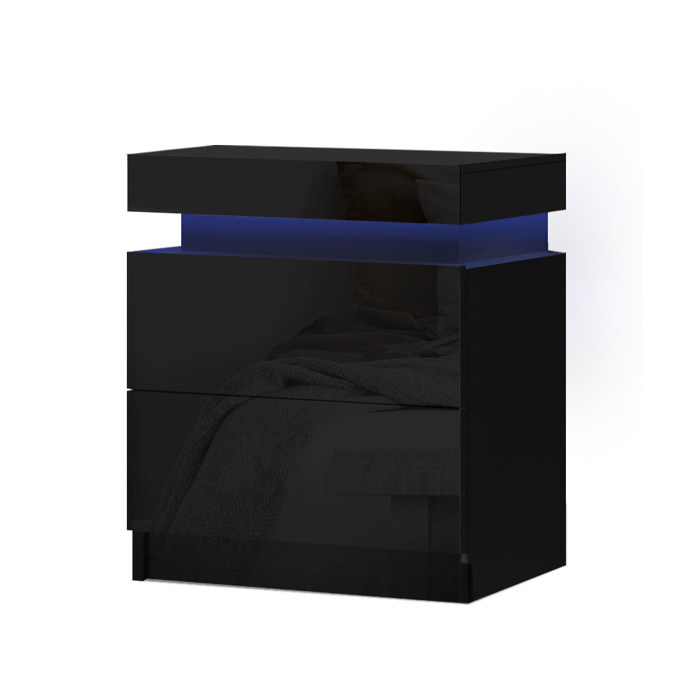 LED Bedside Tables Side Table Drawers RGB LED High Gloss Nightstand - Black