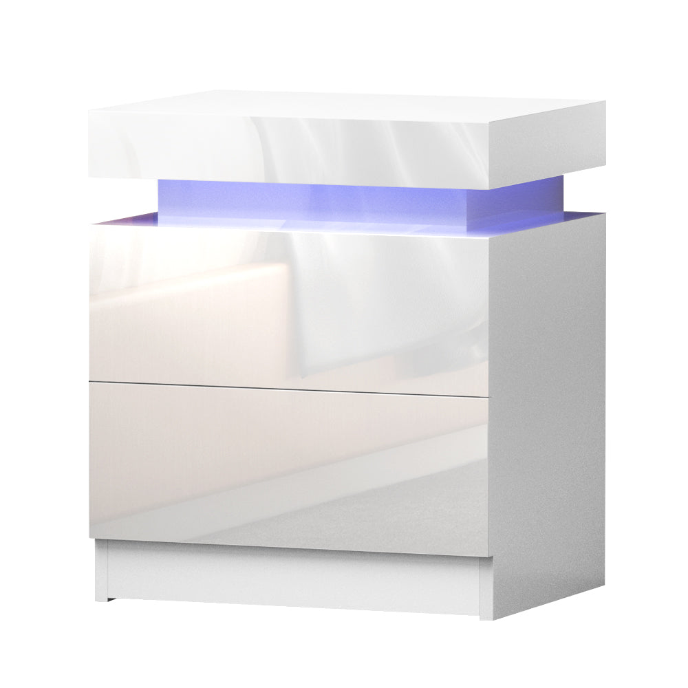 LED Bedside Tables Side Table Drawers RGB LED High Gloss Nightstand - White