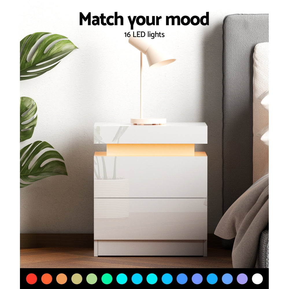 LED Bedside Tables Side Table Drawers RGB LED High Gloss Nightstand - White