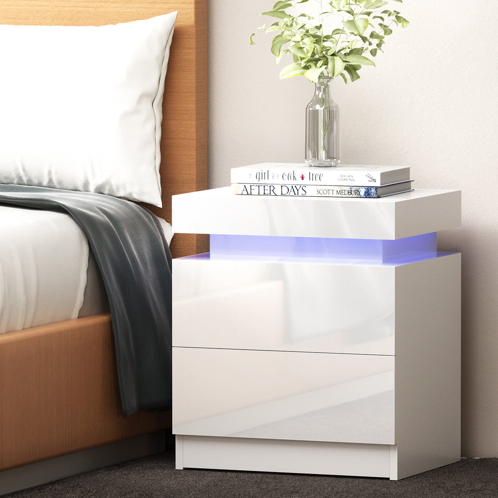 LED Bedside Tables Side Table Drawers RGB LED High Gloss Nightstand - White