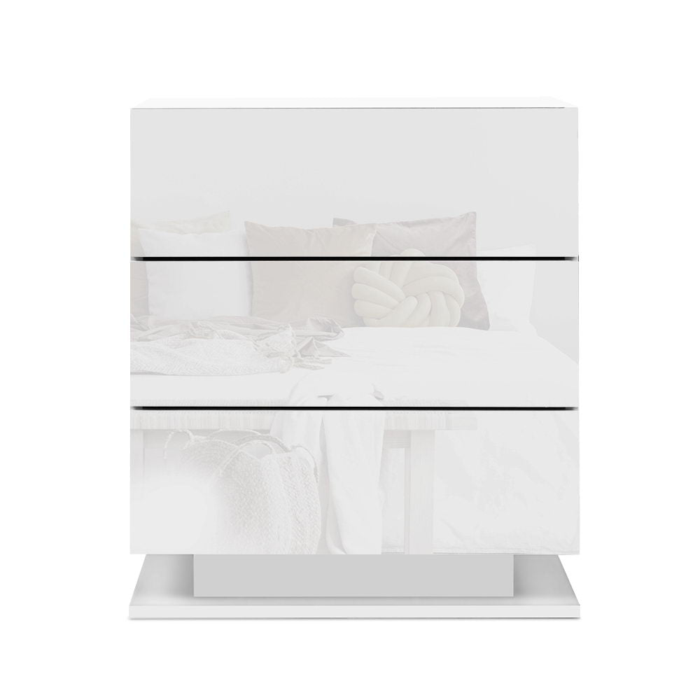 Bedside Tables Side Table RGB LED Lamp 3 Drawers Nightstand Gloss White