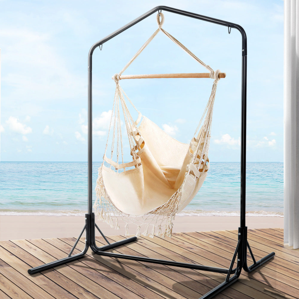 Gardeon Outdoor Hammock Chair with Stand Tassel Hanging Rope Hammocks Cream